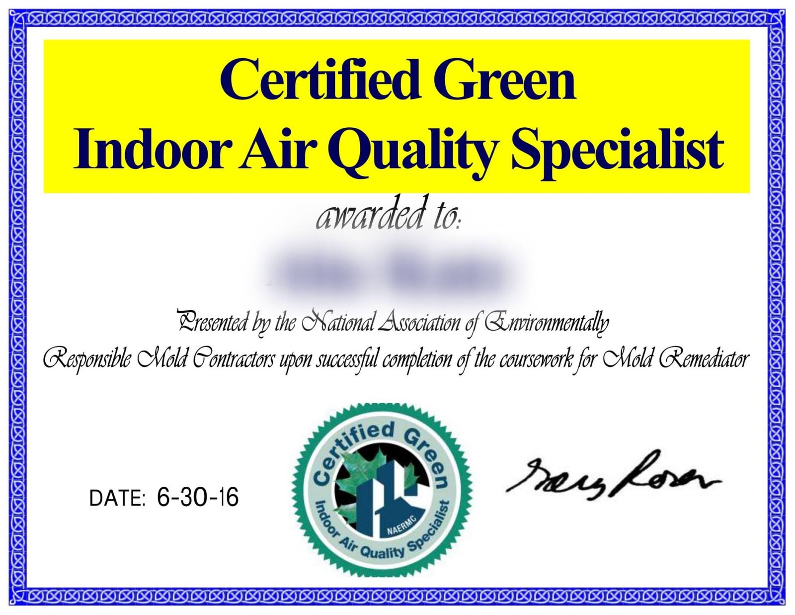 Certificate of completion for mold remediation